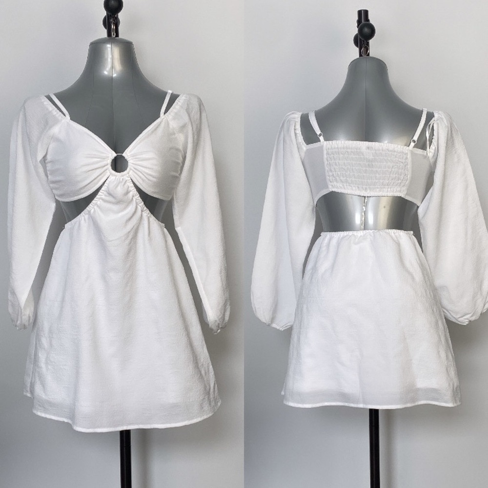 White lightweight mid cutout long feminine coquette sleeve mini dress size small